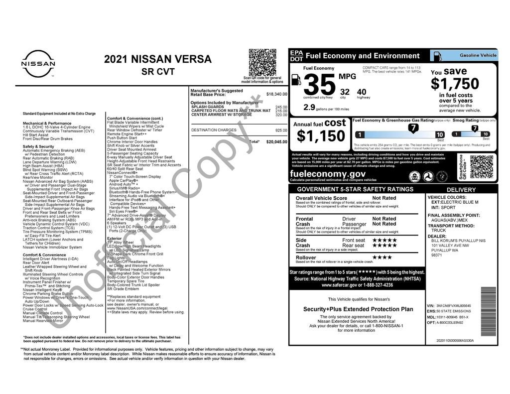 2021 Nissan Versa 1.6 SR