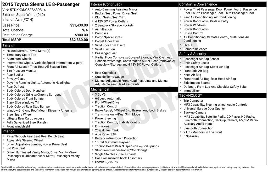 2015 Toyota Sienna LE 8 Passenger