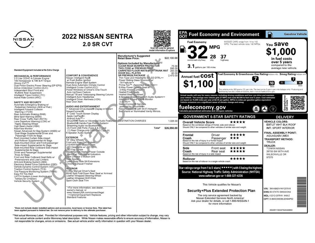 2022 Nissan Sentra SR Xtronic CVT